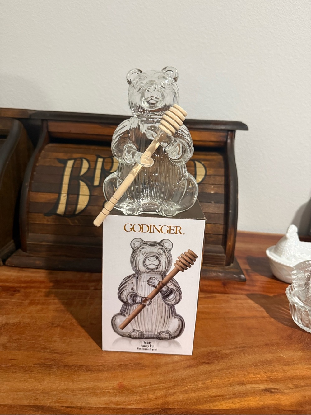 Godinger Clear Crystal Teddy Honey Jar with Wooden Dipper